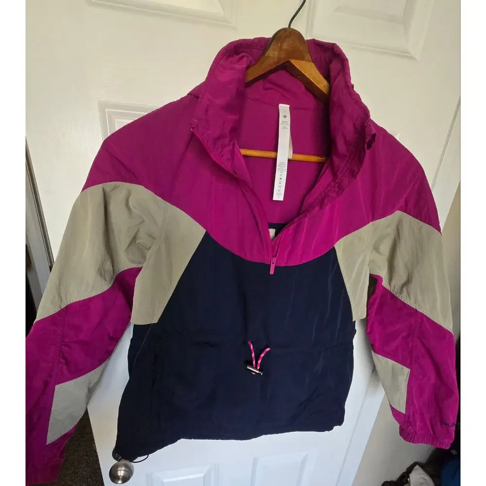 Lululemon Jacket Blockprint Anorak Pink Tan Navy Windproof Packable Size 4 - Picture 6 of 10